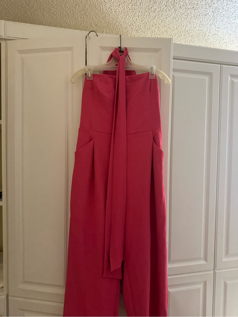 Hot Pink High-Waist Wide Leg Jumpsuit with Neck Tie